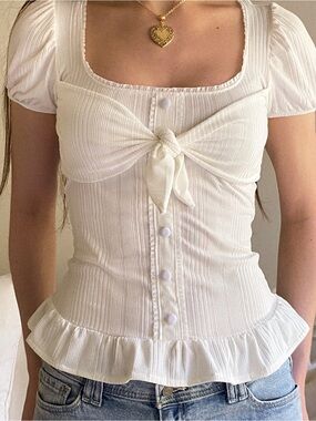 Handmade White Ruffle Button Down Rib Knit Blouse with Tie Bust and Puff Sleeves